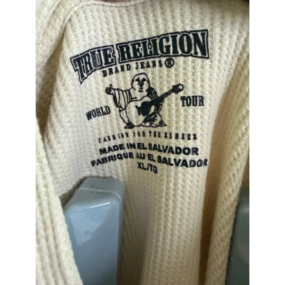 True Religion Mens Waffle Knit Henley Hoodie Cream Off White Thermal XL